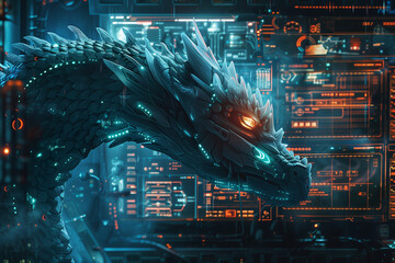 A cybernetic Chinese dragon carefully operates the controls on a high-tech workstation.