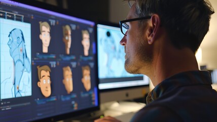 An animator intently works on character designs on a large digital screen - obrazy, fototapety, plakaty