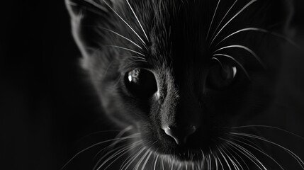 a black and white photo of a cat's face with very long whiskers on it's face.
