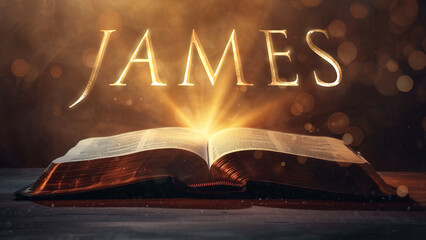 Book of James.  Open bible revealing the name of the book of the bible in a epic cinematic presentation. Ideal for slideshows, bible study, banners, landing pages, religious cults and more.