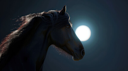a close up of a horse's head with a full moon in the background and a dark sky in the background.