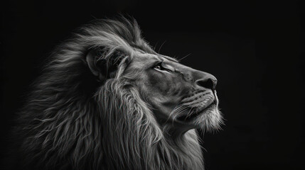 a black and white photo of a lion's head with a black background and a black background behind it.