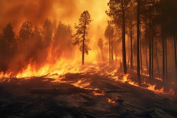 view Environmental crisis Forest ablaze, widespread fire, air pollution and habitat damage - obrazy, fototapety, plakaty