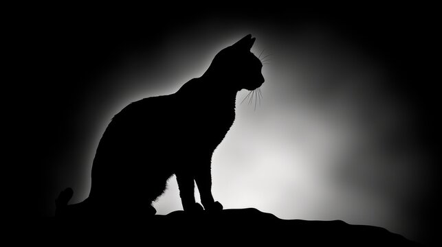 a black and white photo of a cat sitting on top of a rock in the shadows of a dark sky.