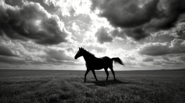 a black and white photo of a horse running in a field with a cloudy sky in the background and a black and white photo of a horse in the foreground.
