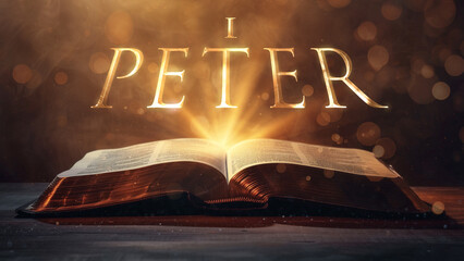Book of 1 Peter.  Open bible revealing the name of the book of the bible in a epic cinematic presentation. Ideal for slideshows, bible study, banners, landing pages, religious cults and more.