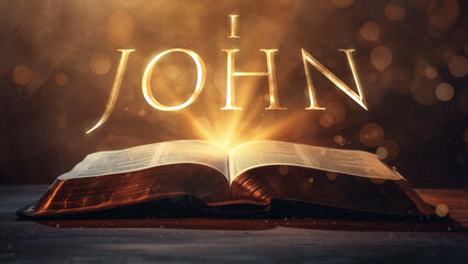 Book of 1 John. Open bible revealing the name of the book of the bible in a epic cinematic presentation. Ideal for slideshows, bible study, banners, landing pages, religious cults and more. - obrazy, fototapety, plakaty