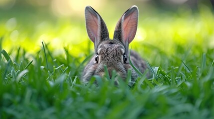 Fototapeta premium a close up of a rabbit in a field of grass with grass in the foreground and trees in the background.
