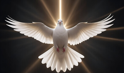 A white dove on a dark background and rays of light in the background