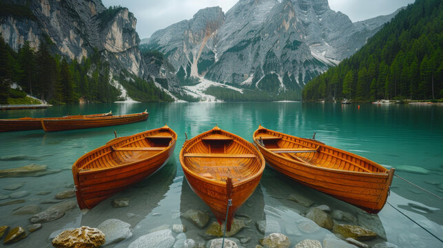 Boats on the Braies Lake ( Pragser Wildsee ) in Dolomites mountains, Sudtirol, Italy.