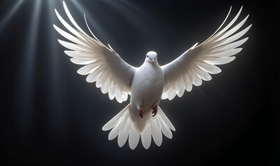 Fototapeta premium A white dove on a dark background and rays of light in the background