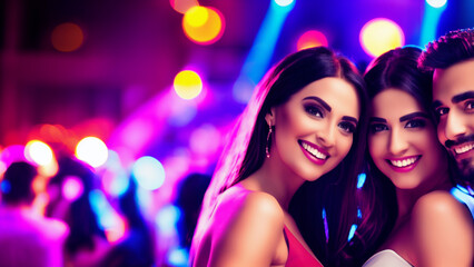 Young smiling friends having fun partying at night and having a good time in a discotheque with colorful lights background.