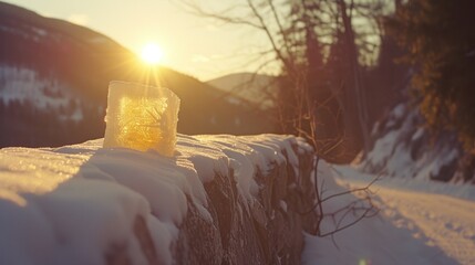 a piece of ice sitting on top of a fence in the middle of a snow covered field with mountains in the background.