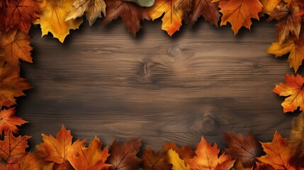 Naklejka na ściany i meble Autumn Maple Leaves Border on Dark Wood Background