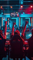 group of happy male cyber sport gamers raising hand, celebrating success participating as one team in professional eSports tournament