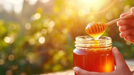 a close up of a person holding a jar of honey and a wooden spoon with a honey dipper in it.
