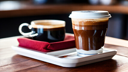 Coffee to-go cup and mug on a cafeteria table.