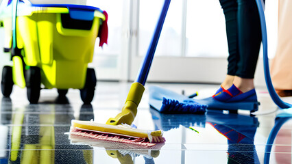 Female cleaning service worker cleaning a shiny tile floor with reflections with a brush and a bucket with cloths.