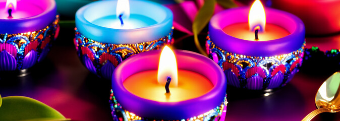 Background with beautiful colorful decorative candles lit in violet tones. Zen atmosphere, relaxing, calm for a well-being.