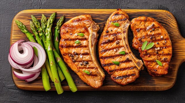 grilled pork chops with asparagus and red onion on a wooden cutting board on a black stone table top view from above.