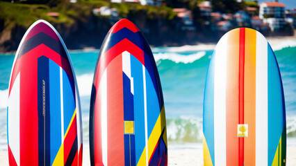 Colorful surfboards drying in the sun on the sandy beach with the sea in the background.