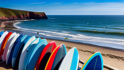 Colorful surfboards drying in the sun on the sandy beach with the sea in the background.