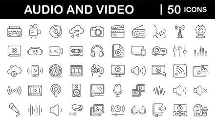 Fototapeta na wymiar Audio Video set of web icons in line style. Music and Video icons for web and mobile app. Podcast, video media player, radio, song. Vector illustration