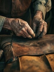 Obraz premium A close-up of a weathered leather worker's hands expertly crafting a bespoke leather bag. Close-up of an old man working with a leather bag. Close up of a hand of an old man working in a leather works