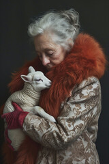 Mature woman, red fur collar, embraces white lamb, dark background. Intimate moment of human-animal connection, reflecting tenderness and care in elder years, companionship in old age.