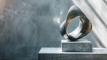 Modern abstract metal sculpture on a marbled base against an illuminated backdrop