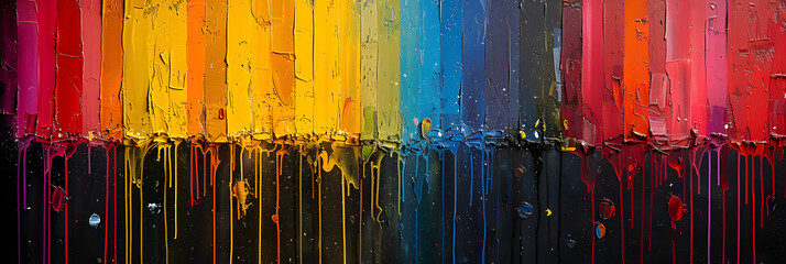 ainting of Dripping Multicolored Stripes,
A colorful wall of paint with the word color on it
