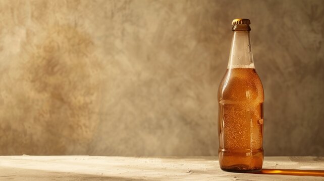 Chilled beer bottle sweating on a rustic wooden table