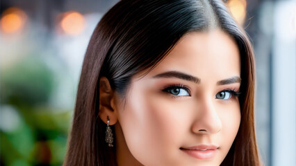 Beautiful model with brown hair and dark eyes in a garden.