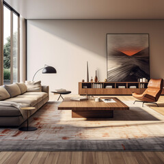 A modern living room with a sleek, contemporary furniture set, a low media console, and a bright area rug