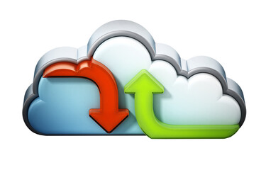 Uploading and downloading arrows and cloud shape. Transparent background. 3D illustration