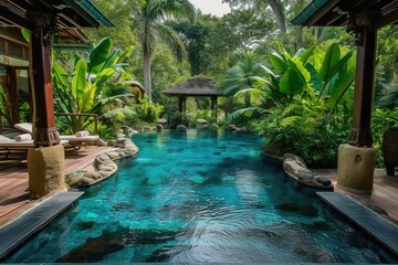 A luxurious spa retreat in a tropical setting, serene pool, lush greenery, embodying relaxation and wellness. Resplendent.