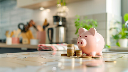 Piggy Bank on the Kitchen Counter or Table with Money Coins in the Kitchen. Saving Money by Frugal Living Concept. - obrazy, fototapety, plakaty