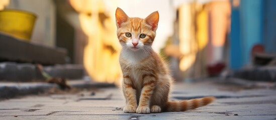 A small orange and white cat sits gracefully on the ground, looking around curiously. The cat appears comfortable and content, displaying a sense of curiosity and alertness. - obrazy, fototapety, plakaty