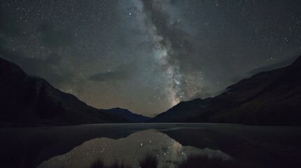 a lake surrounded by mountains under a night sky filled with stars and a bright star filled sky filled with stars. - obrazy, fototapety, plakaty