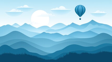 an illustration of a hot air balloon flying over a mountain range with a full moon in the sky above it.