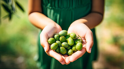 Naklejka na ściany i meble Harvesting Olives: Child's Hand with Fresh Olives