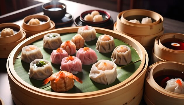 Bamboo steamers showcase a vibrant array of dim sum varieties