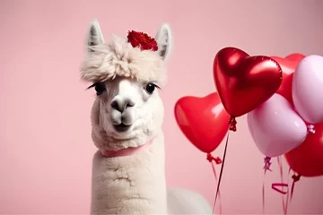 Foto op Plexiglas Cute llama with gift box and heart shaped balloons. Romantic alpaca. Happy valentines day card. © ita_tinta_