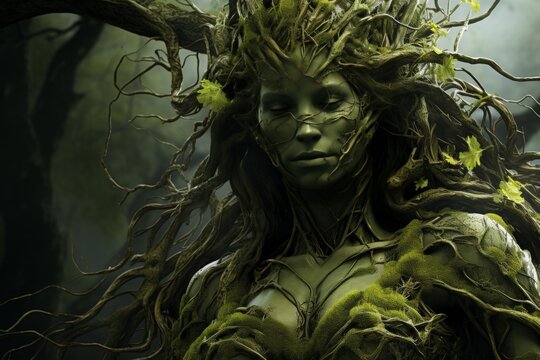 A fairy tale character, a green woman. A forest mother with roots instead of hair. Fantasy world.