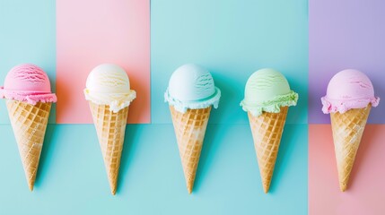 Pastel-hued ice cream cones on a simple background evoke the joy of summer treats