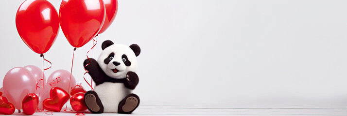 Adorable panda bear with gif box and red heart shaped balloons. Valentine's Day holiday, Women's Day design concept.
