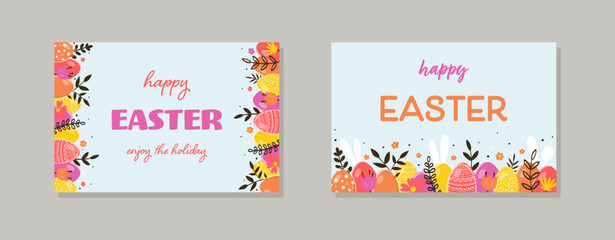 Hand painted Easter eggs, bunnies and flowers. Abstract backgrounds set. Vector illustration