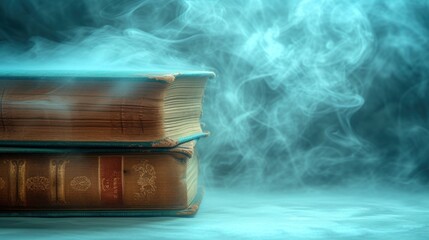 a stack of books sitting on top of each other with smoke coming out of the top of one of them.