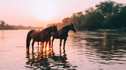 a couple of horses standing in a body of water with the sun shining down on the trees in the background.