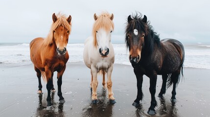a group of three horses standing next to each other on top of a beach next to a body of water.